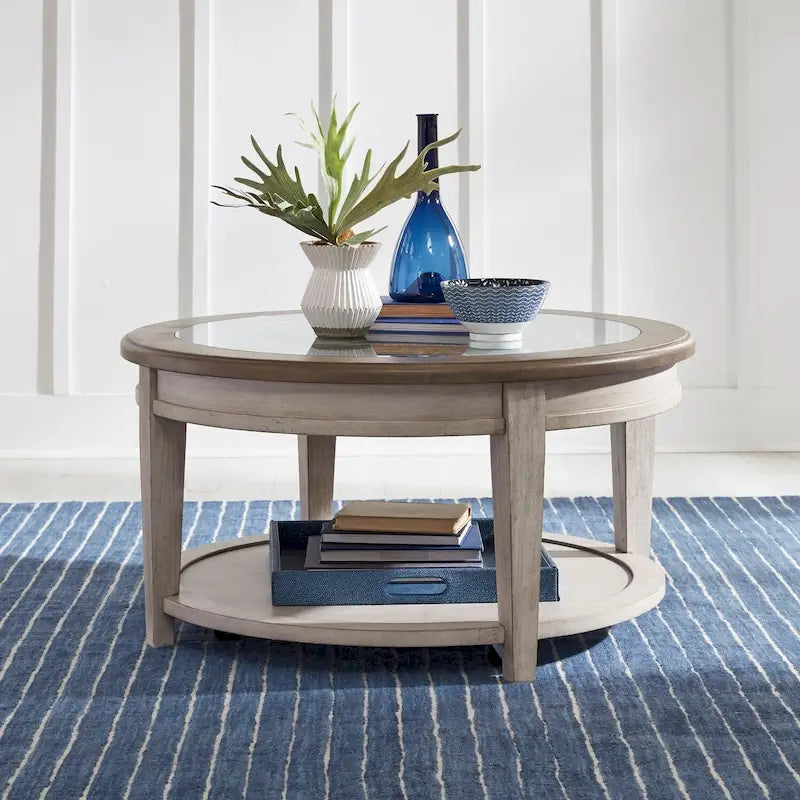 Table de cocktail ronde avec plateau en verre et étagère – Blanc antique et tabac, bois d'hévéa traditionnel et placage de chêne, 1 à 2 utilisateurs