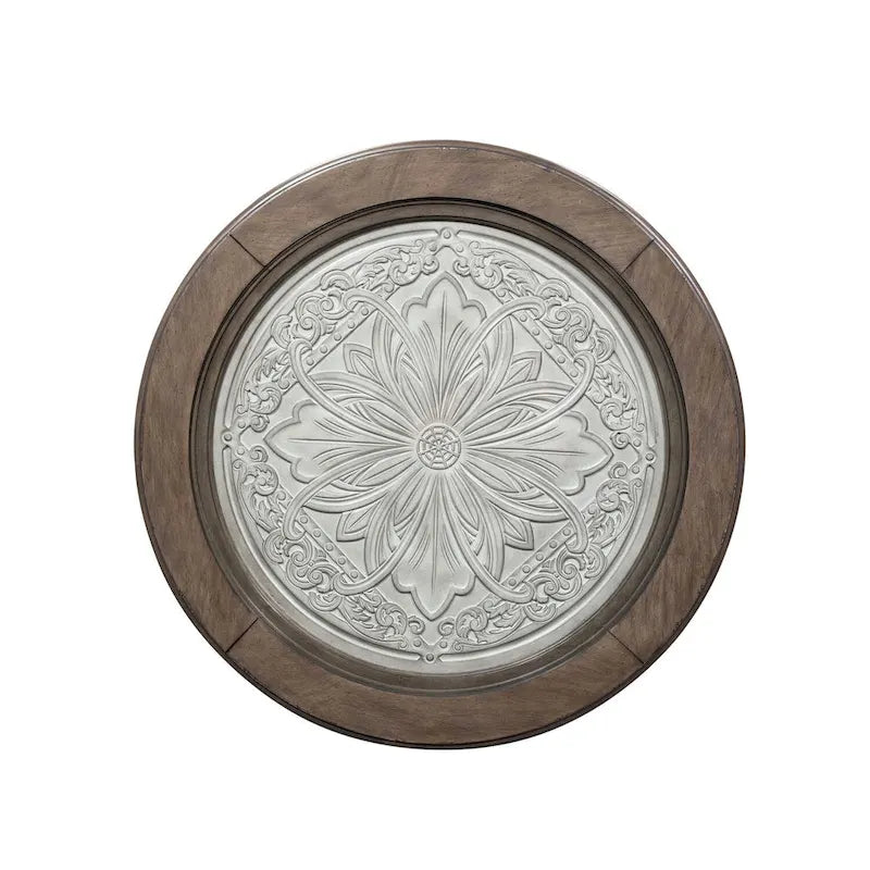 Table de cocktail ronde avec plateau en verre et étagère – Blanc antique et tabac, bois d'hévéa traditionnel et placage de chêne, 1 à 2 utilisateurs