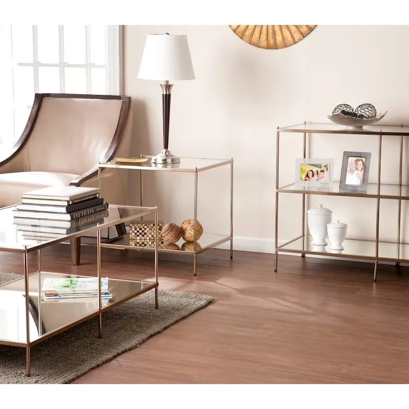 Table d'appoint – Cuivre, plateau en verre glamour et étagère miroir, utilisateur unique