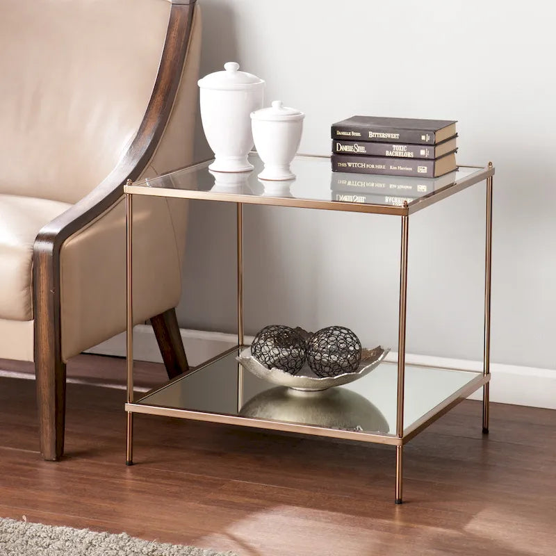 Table d'appoint – Cuivre, plateau en verre glamour et étagère miroir, utilisateur unique