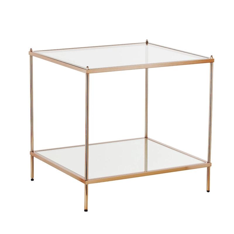 Table d'appoint – Cuivre, plateau en verre glamour et étagère miroir, utilisateur unique