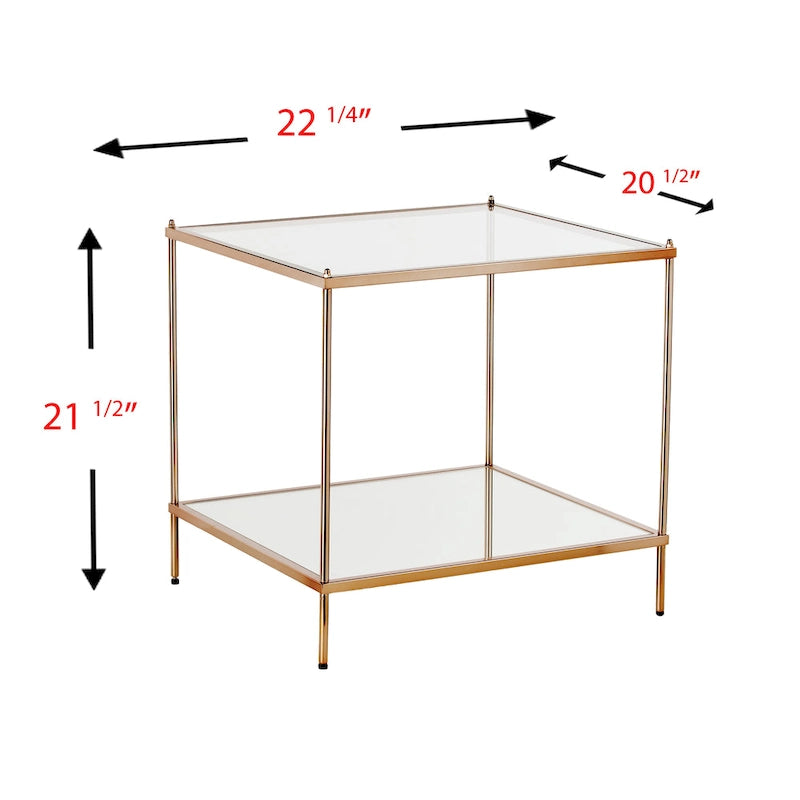 Table d'appoint – Cuivre, plateau en verre glamour et étagère miroir, utilisateur unique