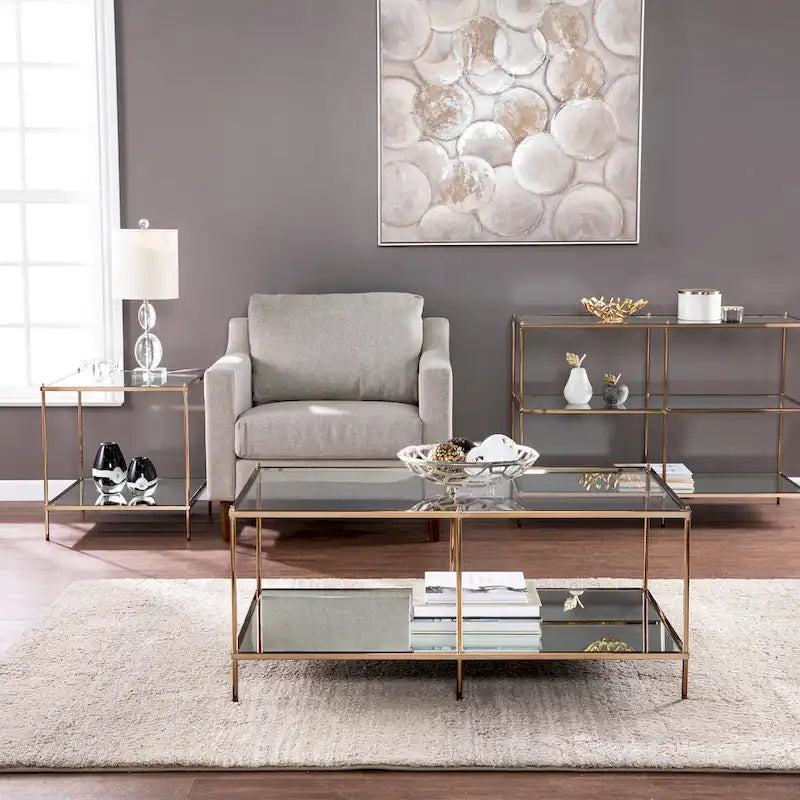 Table d'appoint – Cuivre, plateau en verre glamour et étagère miroir, utilisateur unique