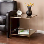 Table d'appoint – Cuivre, plateau en verre glamour et étagère miroir, utilisateur unique