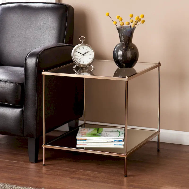 Table d'appoint – Cuivre, plateau en verre glamour et étagère miroir, utilisateur unique