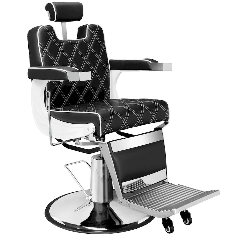 Fauteuil de barbier vintage hydraulique en cuir noir avec appui-tête réglable et pivotant à 360° pour 1 personne