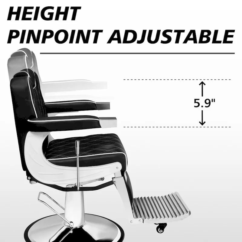 Fauteuil de barbier vintage hydraulique en cuir noir avec appui-tête réglable et pivotant à 360° pour 1 personne