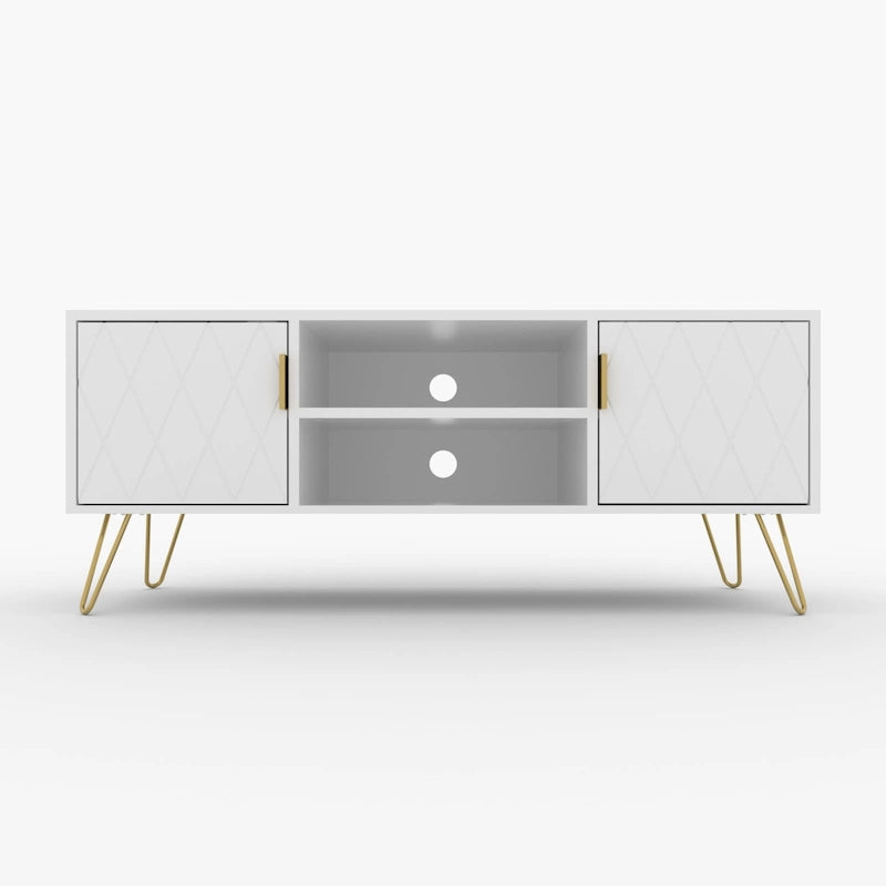 Meuble TV avec étagères ouvertes et pieds en métal – Blanc / Noir, MDF et métal modernes, 1–2 utilisateurs