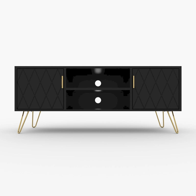 Meuble TV avec étagères ouvertes et pieds en métal – Blanc / Noir, MDF et métal modernes, 1–2 utilisateurs