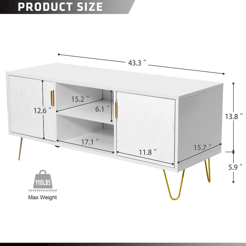 Meuble TV avec étagères ouvertes et pieds en métal – Blanc / Noir, MDF et métal modernes, 1–2 utilisateurs