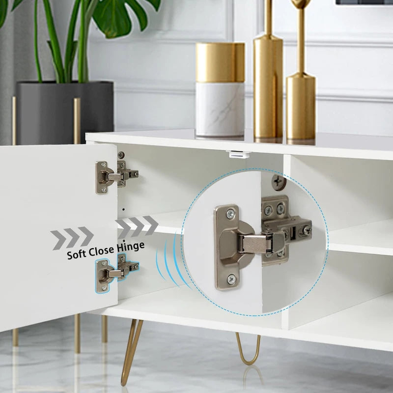Meuble TV avec étagères ouvertes et pieds en métal – Blanc / Noir, MDF et métal modernes, 1–2 utilisateurs