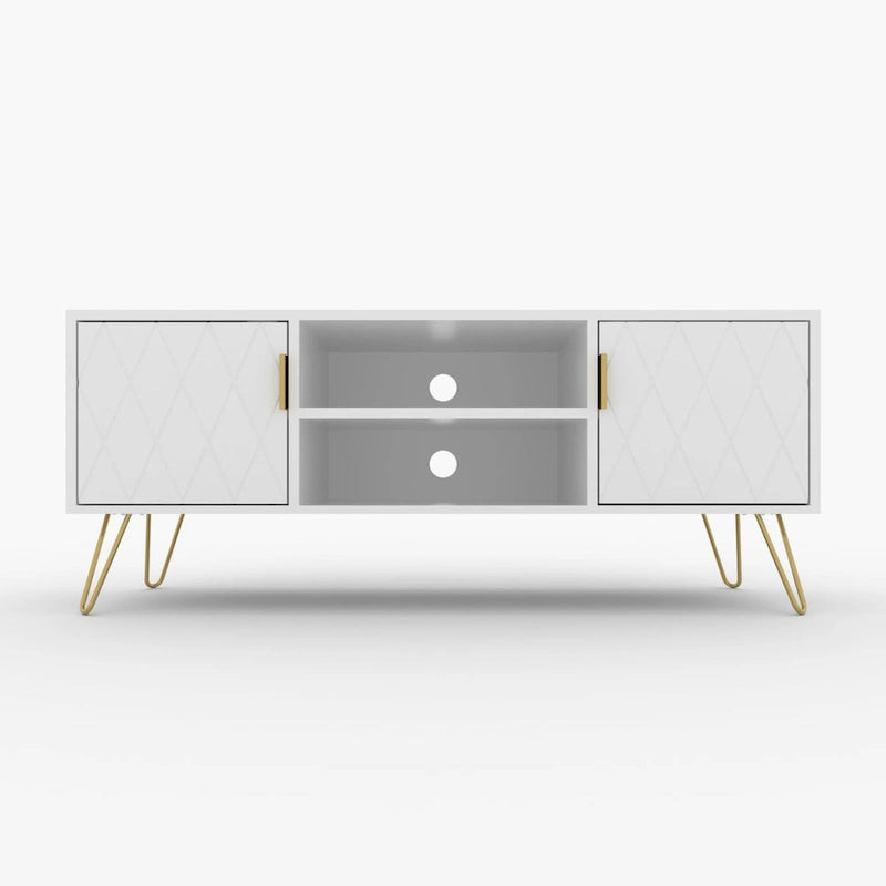 Meuble TV avec étagères ouvertes et pieds en métal – Blanc / Noir, MDF et métal modernes, 1–2 utilisateurs
