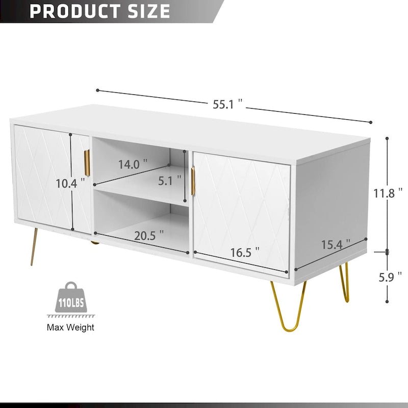 Meuble TV avec étagères ouvertes et pieds en métal – Blanc / Noir, MDF et métal modernes, 1–2 utilisateurs