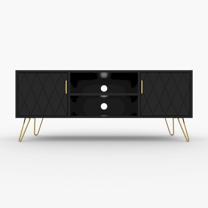 Meuble TV avec étagères ouvertes et pieds en métal – Blanc / Noir, MDF et métal modernes, 1–2 utilisateurs