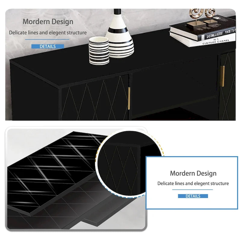 Meuble TV avec étagères ouvertes et pieds en métal – Blanc / Noir, MDF et métal modernes, 1–2 utilisateurs