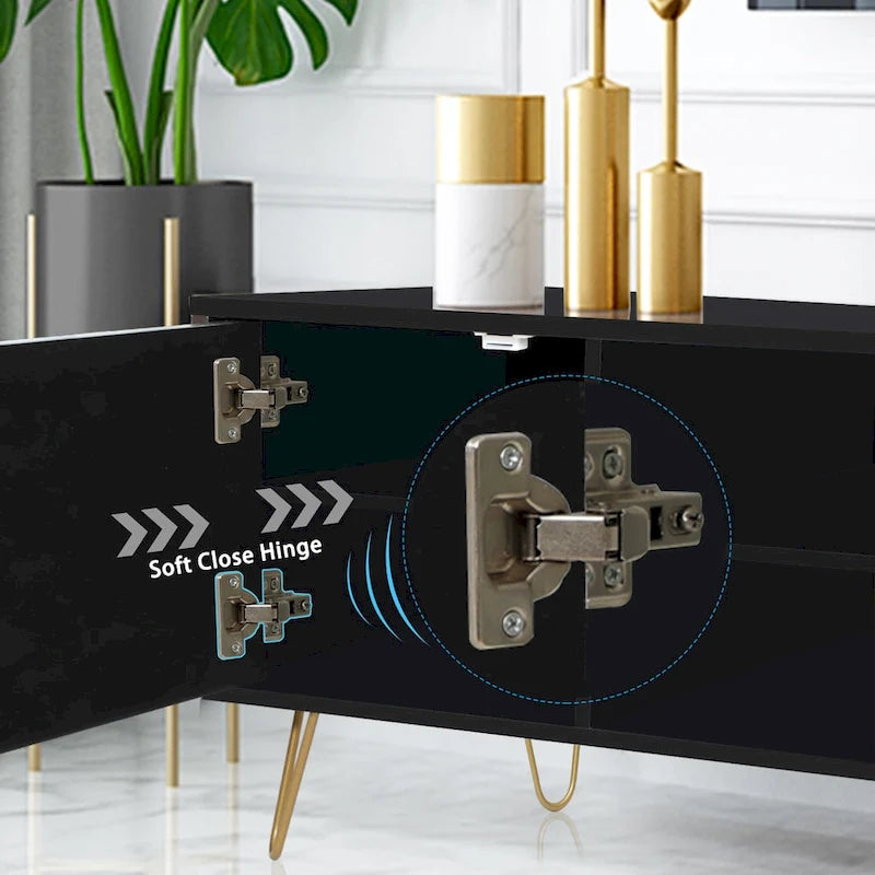 Meuble TV avec étagères ouvertes et pieds en métal – Blanc / Noir, MDF et métal modernes, 1–2 utilisateurs