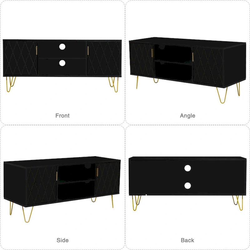Meuble TV avec étagères ouvertes et pieds en métal – Blanc / Noir, MDF et métal modernes, 1–2 utilisateurs