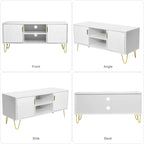 Meuble TV avec étagères ouvertes et pieds en métal – Blanc / Noir, MDF et métal modernes, 1–2 utilisateurs