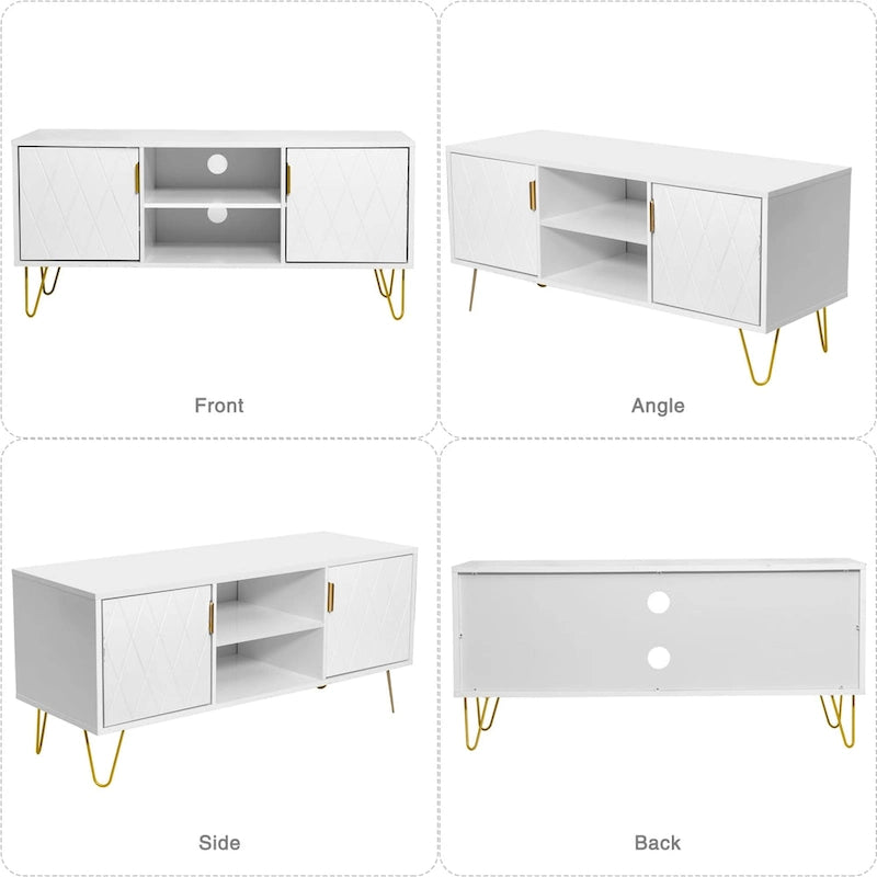Meuble TV avec étagères ouvertes et pieds en métal – Blanc / Noir, MDF et métal modernes, 1–2 utilisateurs