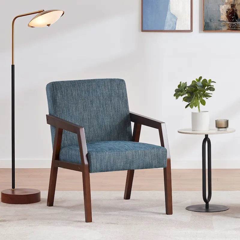Fauteuil d'appoint – Marron / Blanc / Bleu, polyester aspect lin et bois massif de style Mid-Century Modern, une personne