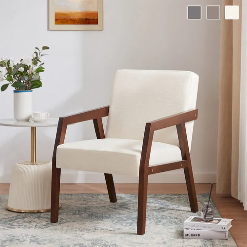 Fauteuil d'appoint – Marron / Blanc / Bleu, polyester aspect lin et bois massif de style Mid-Century Modern, une personne