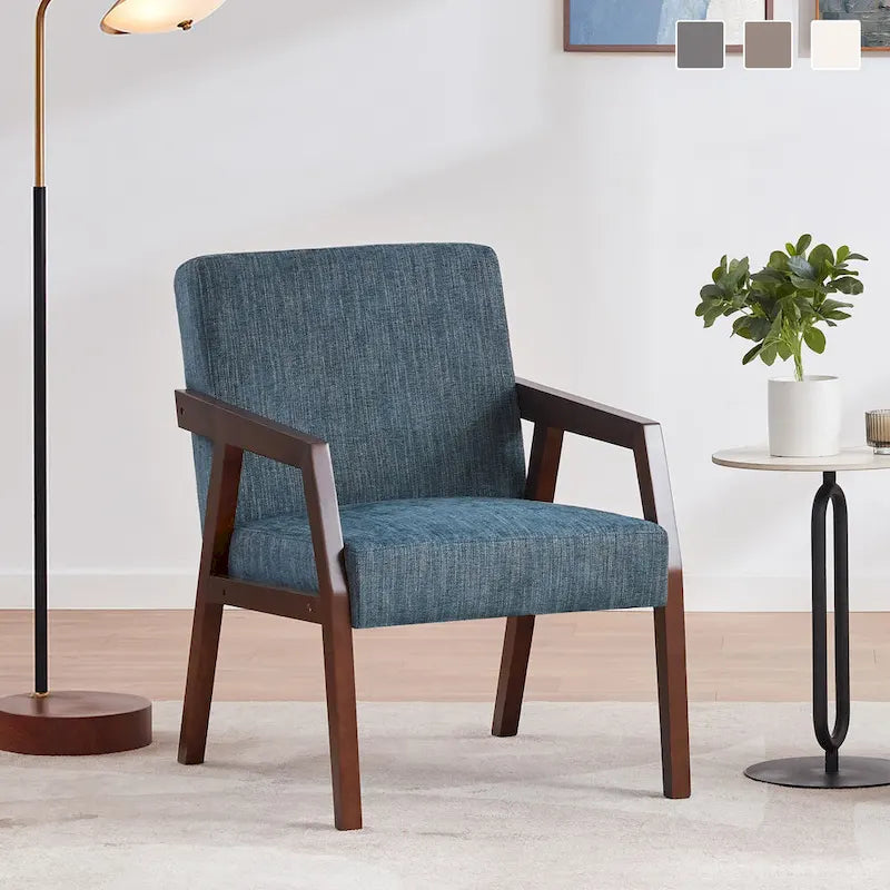 Fauteuil d'appoint – Marron / Blanc / Bleu, polyester aspect lin et bois massif de style Mid-Century Modern, une personne