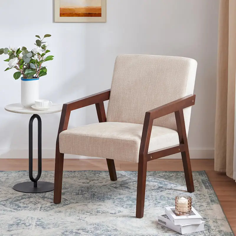 Fauteuil d'appoint – Marron / Blanc / Bleu, polyester aspect lin et bois massif de style Mid-Century Modern, une personne
