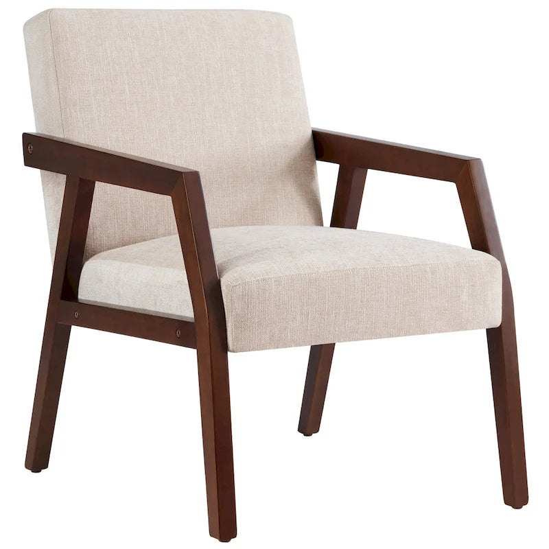 Fauteuil d'appoint – Marron / Blanc / Bleu, polyester aspect lin et bois massif de style Mid-Century Modern, une personne