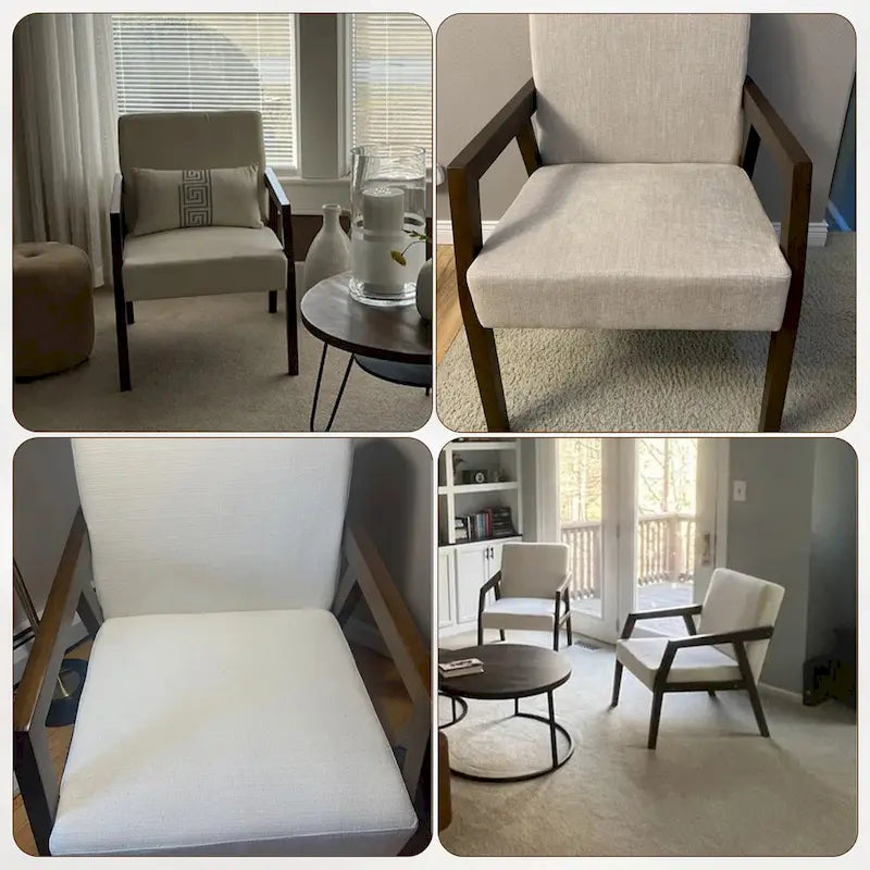 Fauteuil d'appoint – Marron / Blanc / Bleu, polyester aspect lin et bois massif de style Mid-Century Modern, une personne