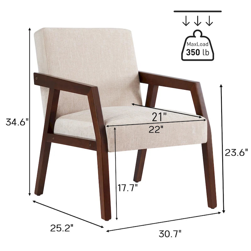 Fauteuil d'appoint – Marron / Blanc / Bleu, polyester aspect lin et bois massif de style Mid-Century Modern, une personne