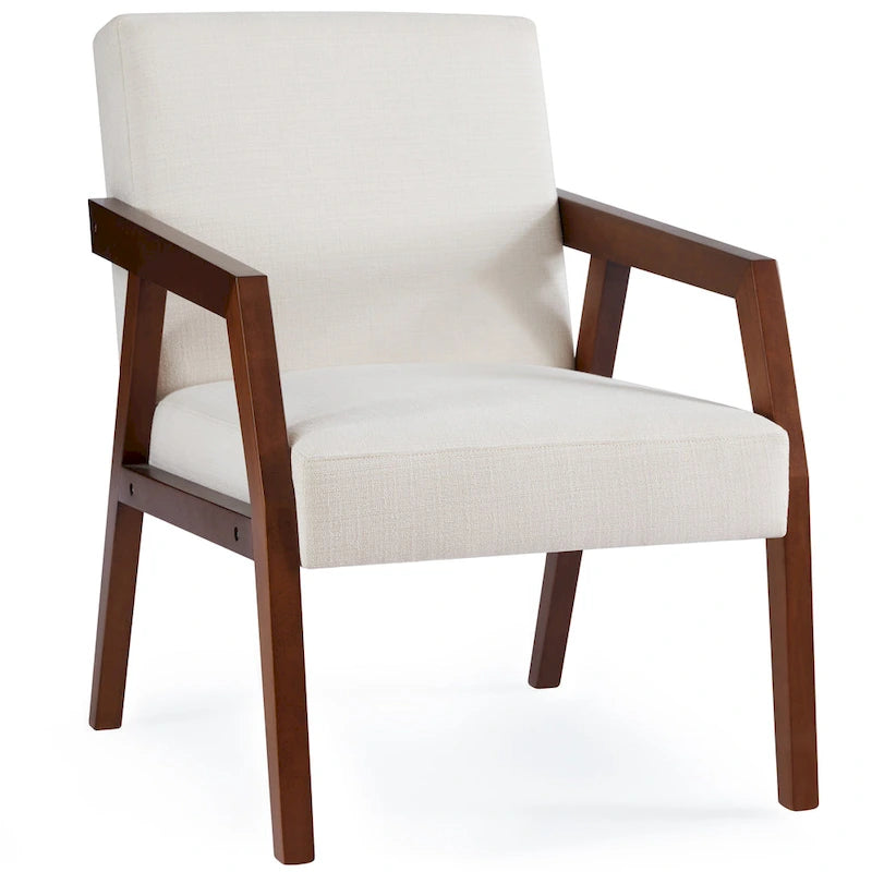 Fauteuil d'appoint – Marron / Blanc / Bleu, polyester aspect lin et bois massif de style Mid-Century Modern, une personne