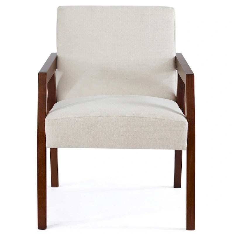 Fauteuil d'appoint – Marron / Blanc / Bleu, polyester aspect lin et bois massif de style Mid-Century Modern, une personne