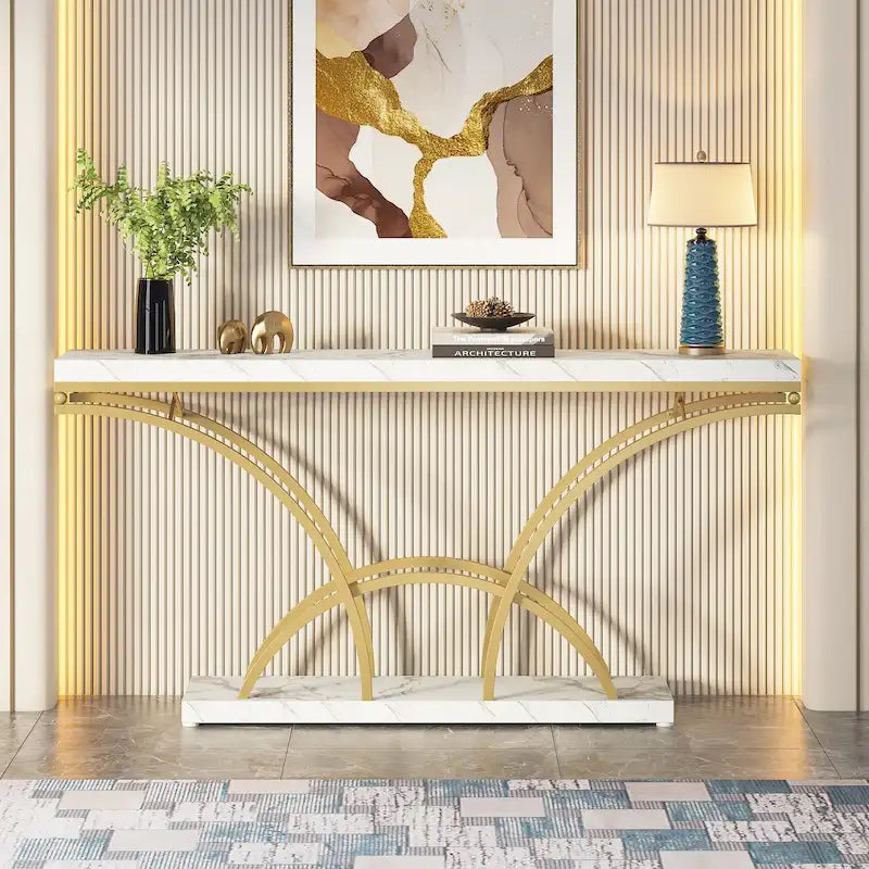 Console – Pieds demi-lune – Faux marbre blanc / Gris, Bois manufacturé moderne, Simple utilisateur