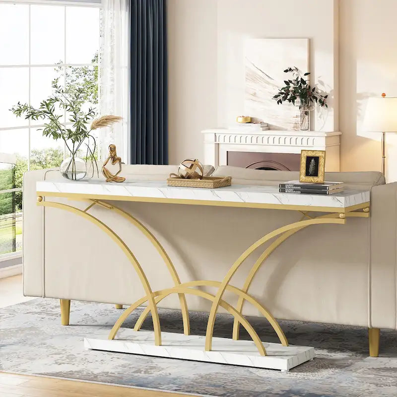 Console – Pieds demi-lune – Faux marbre blanc / Gris, Bois manufacturé moderne, Simple utilisateur