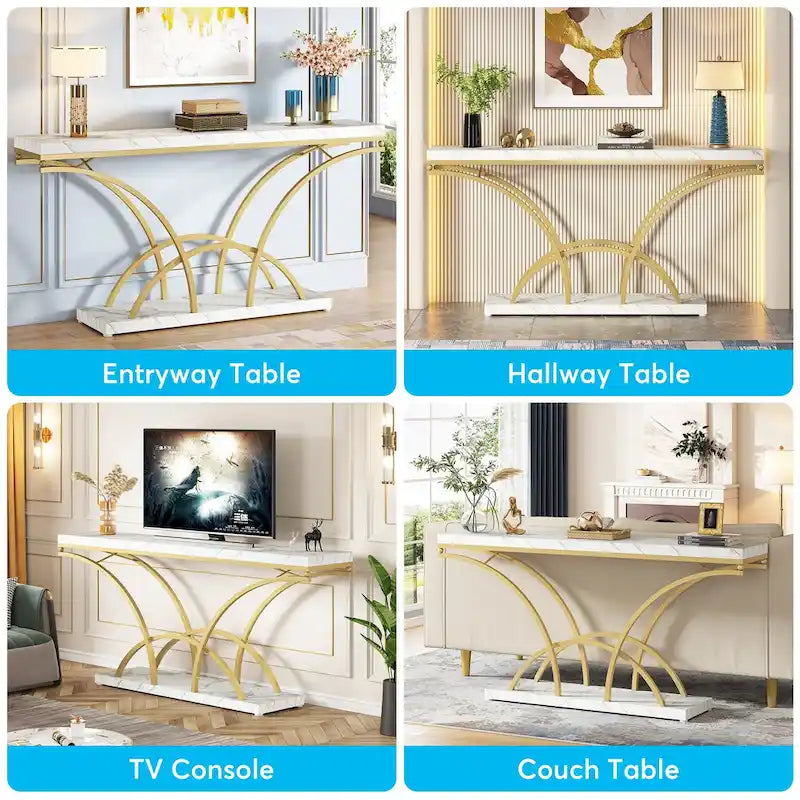 Console – Pieds demi-lune – Faux marbre blanc / Gris, Bois manufacturé moderne, Simple utilisateur