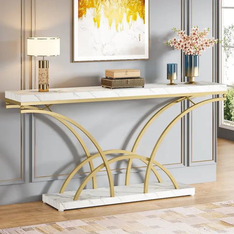 Console – Pieds demi-lune – Faux marbre blanc / Gris, Bois manufacturé moderne, Simple utilisateur