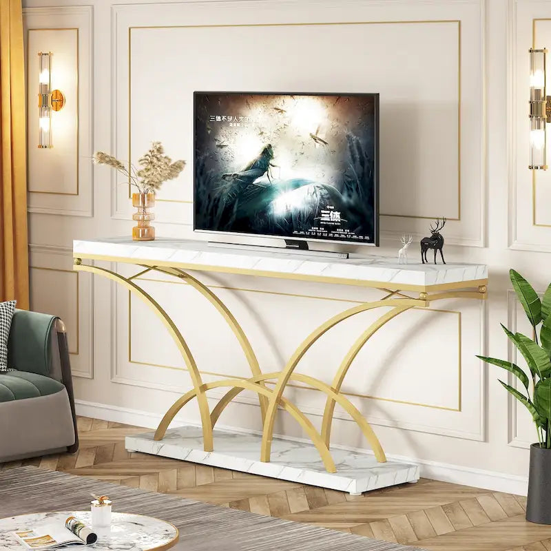 Console – Pieds demi-lune – Faux marbre blanc / Gris, Bois manufacturé moderne, Simple utilisateur