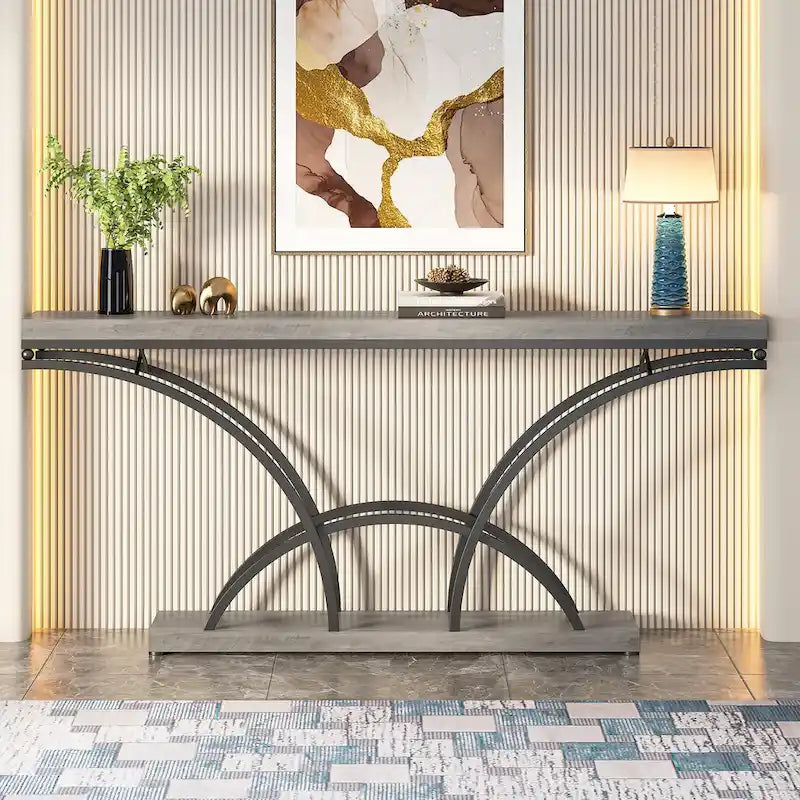 Console – Pieds demi-lune – Faux marbre blanc / Gris, Bois manufacturé moderne, Simple utilisateur