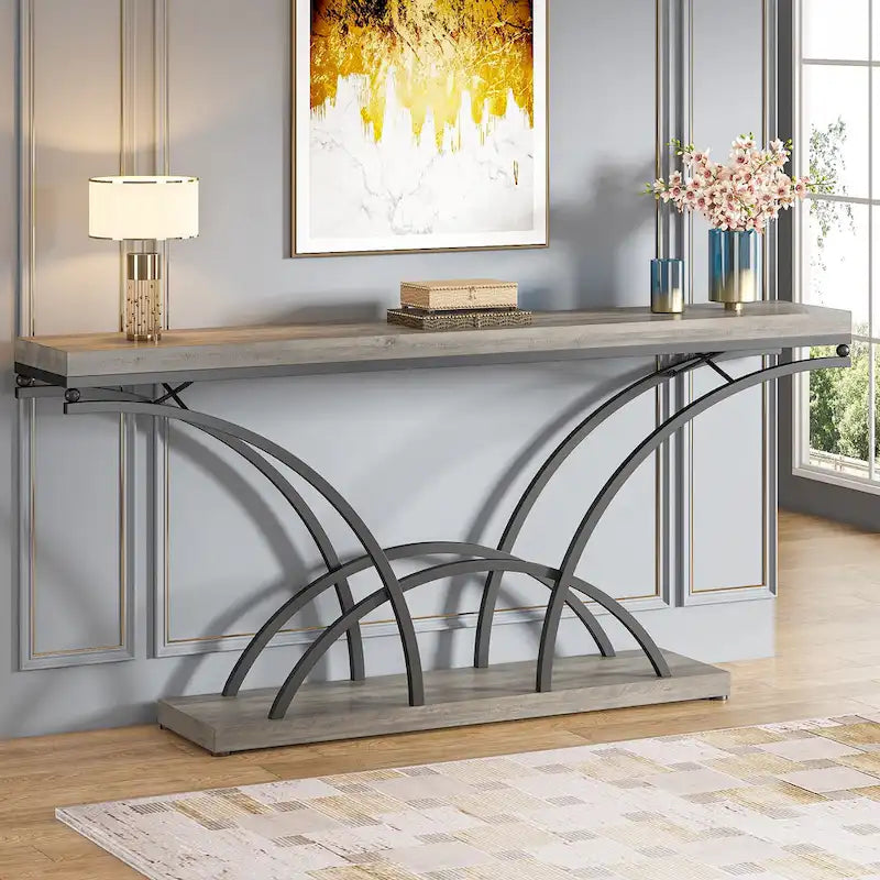 Console – Pieds demi-lune – Faux marbre blanc / Gris, Bois manufacturé moderne, Simple utilisateur