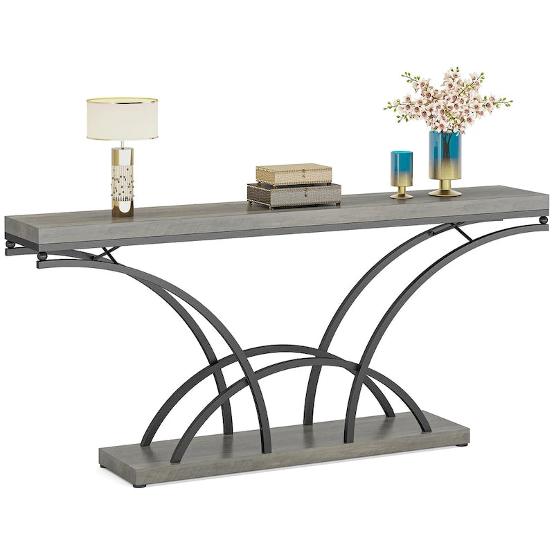 Console – Pieds demi-lune – Faux marbre blanc / Gris, Bois manufacturé moderne, Simple utilisateur