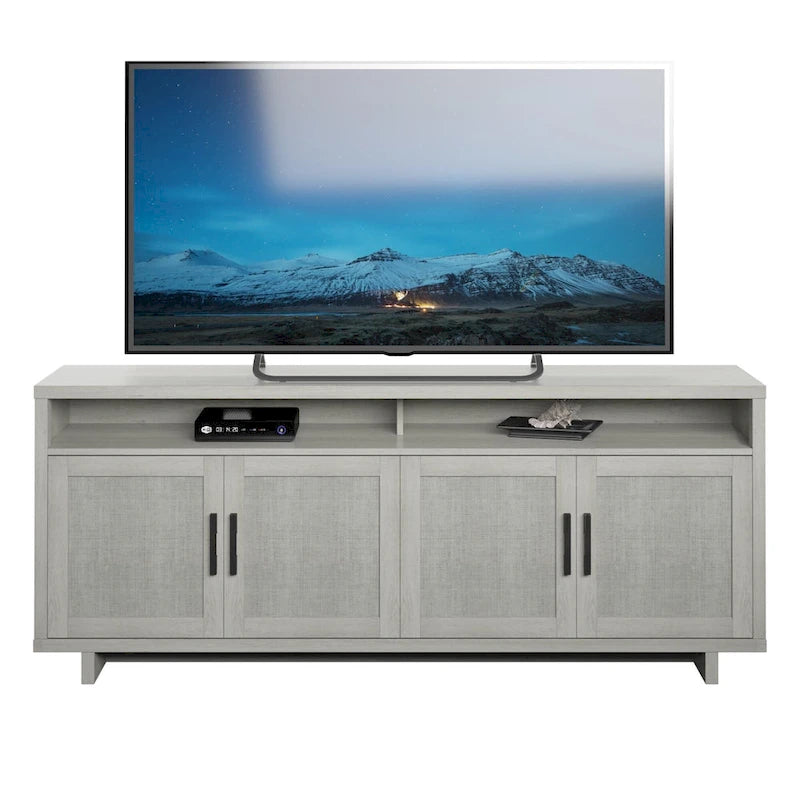 Meuble TV avec portes de placard en lin et étagère ouverte – Chêne, style côtier, 1 à 2 utilisateurs
