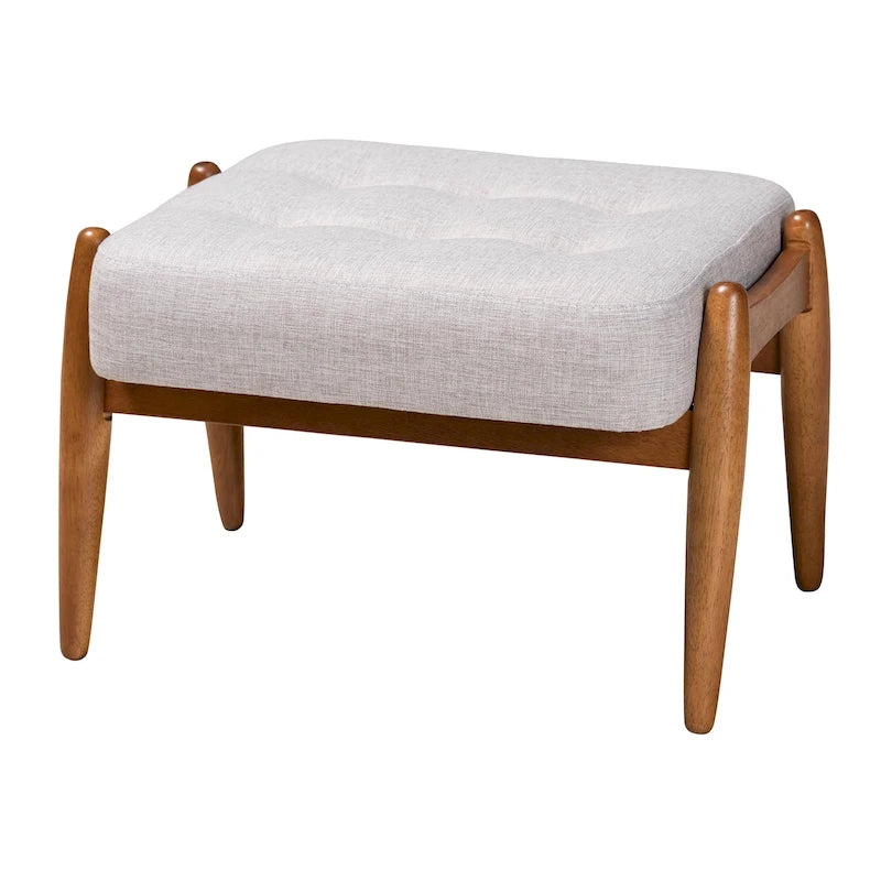 Pouffe ottoman Japandi en tissu gris foncé/beige capitonné avec pieds en noyer