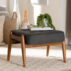Jeanine Japandi Dark Grey Fabric and Walnut Brown Finished Wood Ottoman Footstool