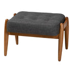 Pouffe ottoman Japandi en tissu gris foncé/beige capitonné avec pieds en noyer