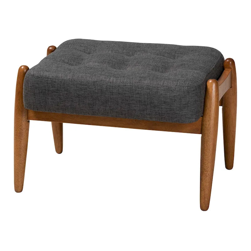 Pouffe ottoman Japandi en tissu gris foncé/beige capitonné avec pieds en noyer