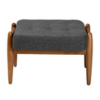 Pouffe ottoman Japandi en tissu gris foncé/beige capitonné avec pieds en noyer