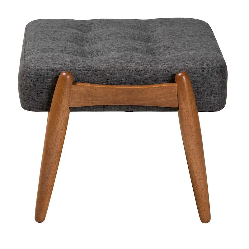 Pouffe ottoman Japandi en tissu gris foncé/beige capitonné avec pieds en noyer