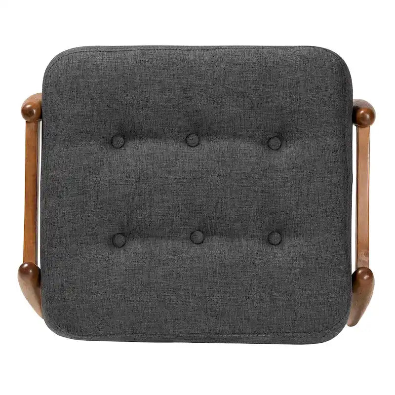 Pouffe ottoman Japandi en tissu gris foncé/beige capitonné avec pieds en noyer