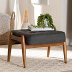 Pouffe ottoman Japandi en tissu gris foncé/beige capitonné avec pieds en noyer