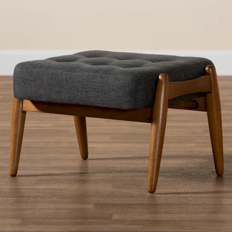 Pouffe ottoman Japandi en tissu gris foncé/beige capitonné avec pieds en noyer
